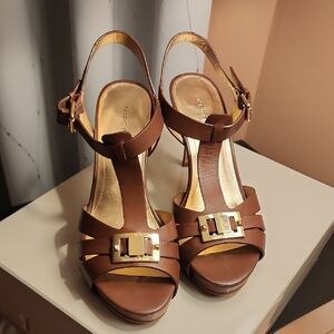 Marc Fisher Brown Heeled Sandals with Gold Accents